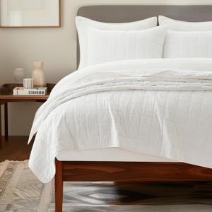 EVERGRACEHOME 100% Cotton Box Stitch Quilt Bedding Set Queen Size 3 Pieces, Garment-Washed Lightweight Soft Cozy Coverlet, Quilted Bedspread Sets with 2 Shams for All Season, Bright White