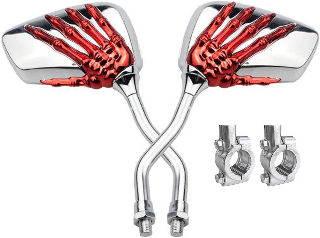 Pairs of Distinctive Skull Skeleton Hand Bicycle Mirror, Rearview Side Mirror Handlebar Mirror Mount Holder Clamp Adaptor 10mm for Scooter Moped Bike Standard Bike Motorcycle (red)