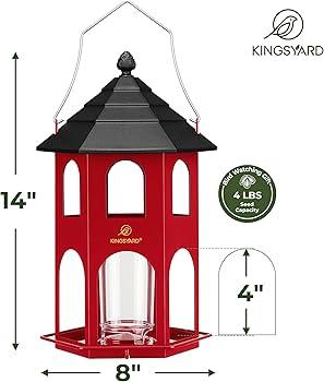 Kingsyard Metal Bird Feeder for Outdoor Hanging, Wild Bird Feeders with Circular Perch, Easy to Clean & Refill, 4 lbs Large Seed Capacity, Red