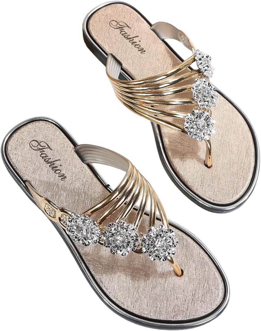 Floerns Women's Flat Sandals Flip Flop Sandals Summer Slip on Dressy Thong Sandal Gold Solid 8.5