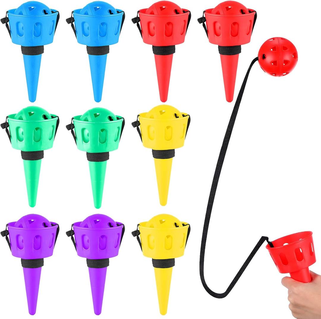 Gerrii 10 Pieces Throw and Catch Ball Set Game Kids Ball and Cup Hand Eye Coordination Kids Catch Ball with String Outdoor Party Game for Yard Lawn Camping Games, 5 Color