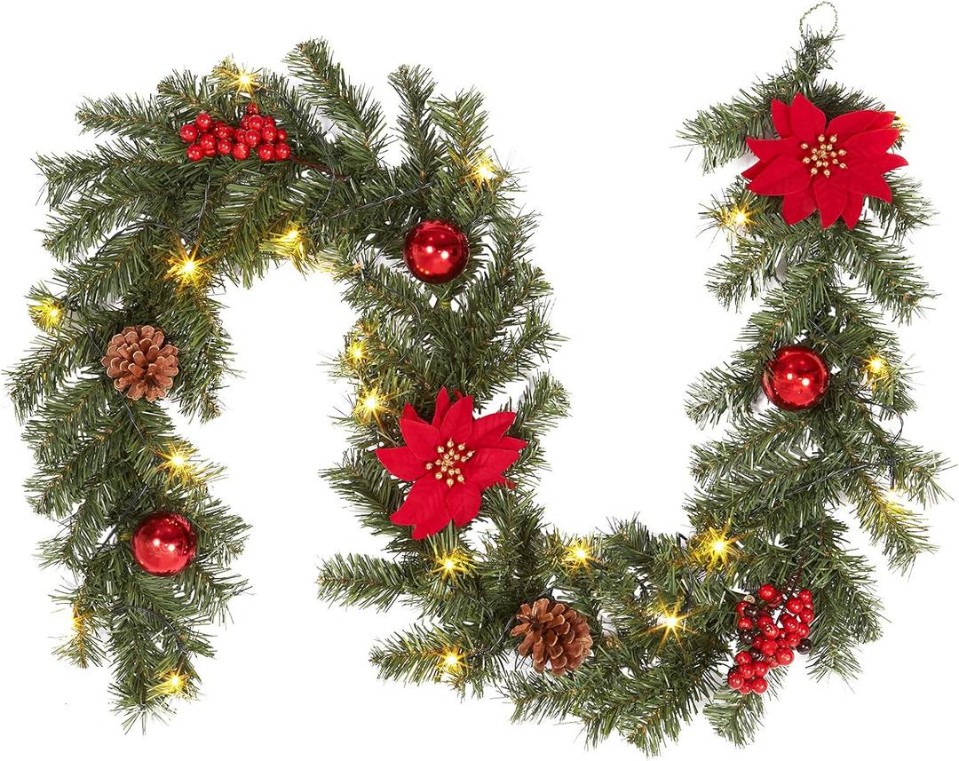 Adeeing 6 ft Christmas Garland with Lights, Pre-lit Christmas Garland with 20 LED Ligts Pinecones Red Berries Poinsettia, Indoor Outdoor Garland for Home Fireplace Staircase Decoration