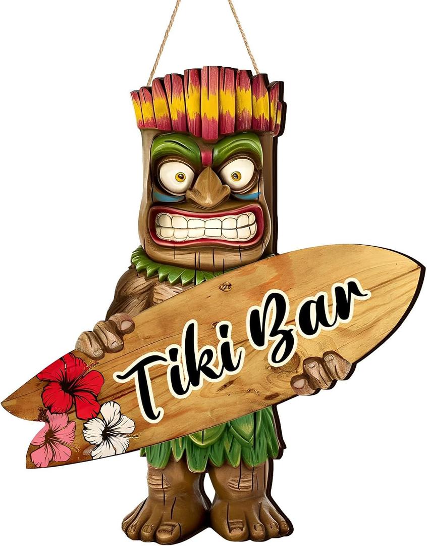 Briwooody Tiki Bar Sign Hawaiian Luau Party Decoration with Surfboard Tropical Hibiscus 17.7 Inch Foldable Tiki Decor for Home Bar Aloha Decoration Outdoor Housewarming Summer Pool Birthday Party, 17.72 x 15.55 x 0.28 inches