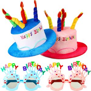 Coume 2 Plush Birthday Hats for Adults, 2 Sweet Cream Glasses, Party Novelty Decorations Happy Birthday Hats (Blue,pink)
