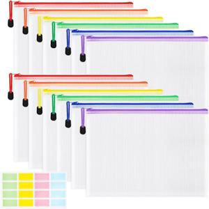 EOOUT 12pcs A4 Mesh Zipper Pouch Bags, 6 Colors Reusable Zipper Bags for Organizing Storage, Waterproof Puzzle Bag, Zipper Bags for Board Game Storage and School Office Supplies