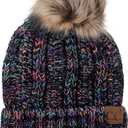 C.C Thick Cable Knit Faux Fuzzy Fur Pom Fleece Lined Skull Cap Cuff Beanie