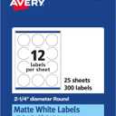 Avery Matte White Round Labels, Sure Feed Technology, 2.25" Diameter, 300 Matte White Printable Labels