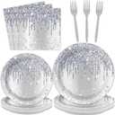 96 Pieces Silver Glitter Party Tableware Set for Denim and Diamonds Party Decorations Silver Plates and Napkins Forks Glitter Diamonds Theme Birthday Table Decorations for 24 Guests Parties Supplies