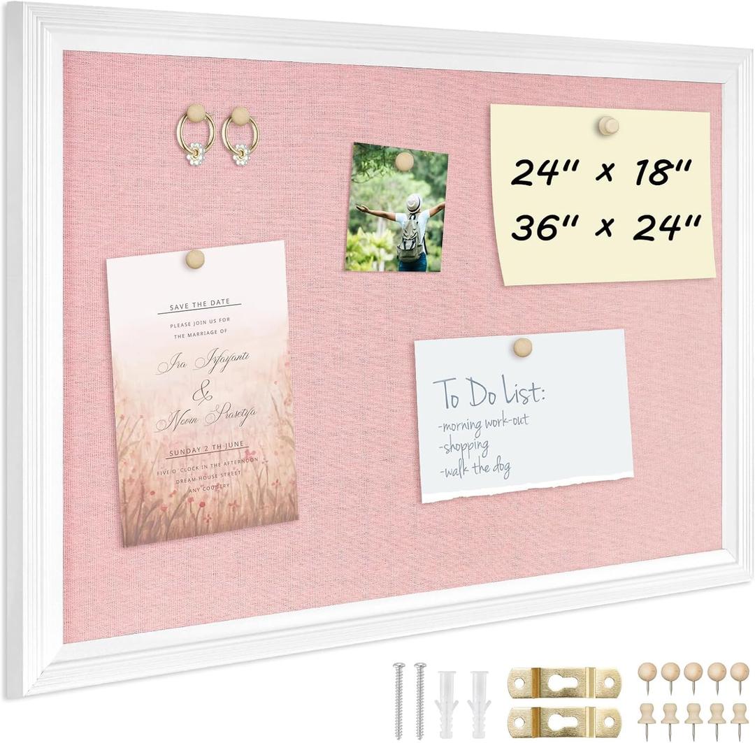 DOLLAR BOSS Bulletin Board with Linen 24'' x 18'' White Framed Cork Boards for Walls, Photo Display Pin Board, Decorative Corkboard for Office Home School Girls Dorm Decor with 10 Pushpins, Pink