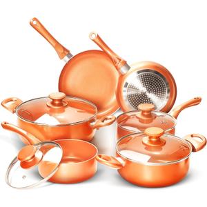 FRUITEAM 10pcs Cookware Set Ceramic Nonstick Soup Pot/Milk Pot/Frying Pans Set | Copper Aluminum Pan with Lid, Induction Gas Compatible, Mother's Day Gifts for Wife