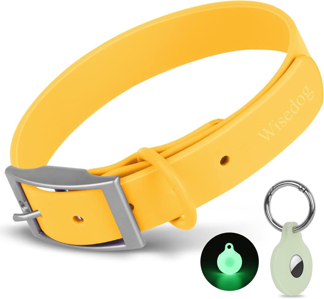 Adjustable Dog Collar with Airtag Holder: Durable Dog Collars, Soft Rubber Coated Webbing, Waterproof and Easy to Clean, for Small Medium Large Dogs (M, Butter Yellow) (M|12"-16"  4/5 in)