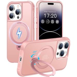 HuwaiH 360 Rotatable Magnetic Ring Stand for iPhone 14 pro max Case, Compatible with MagSafe, Military-Grade Shockproof, Anti-Scratch Matte Translucent Phone Case for iPhone 14 pro max(Pink)