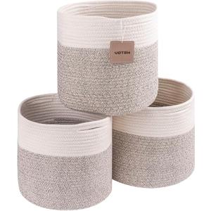 voten Storage Cubes Baskets Bins Organizer 11x11x11'' Fit 12x12''Cube Storage Organizer Bookcases Shelves,Durable Woven Cotton Storage Basket for Organizing,Round 3Pack Off White/Light Brown (L11xW11xH10.7)