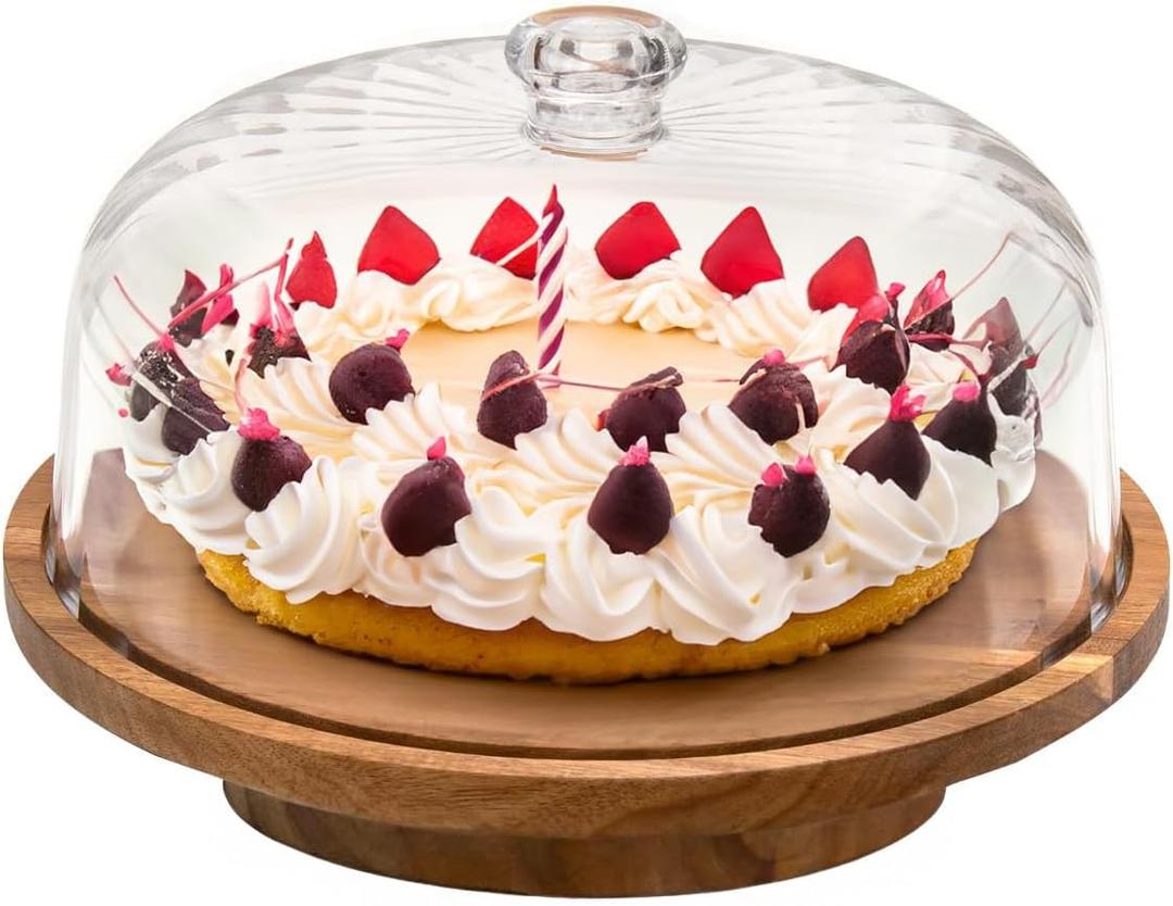 Wood Cake Stand with Lid, 11.8'' Rotating Cake Stand with Dome, Shaterproof 10.4'' Acrylic Cake Display Cover, Cake Holder Tray for Wedding GiftKitchen,Birthday,Parties,Baking Gifts