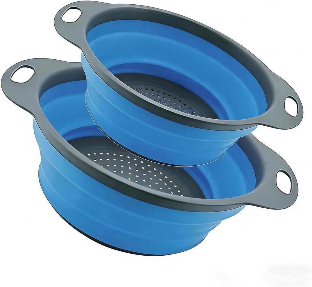 Collapsible Colander Set of 2, Folding Kitchen Strainers with Handles, Space-Saving Over-the-Sink Drainers for Pasta, Veggies & Fruit, BPA-Free, Dishwasher Safe, RV & Camping (Blue)