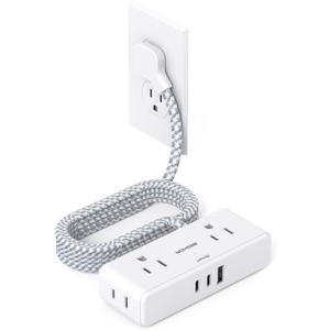 Flat Extension Cord 6 feet, Flat Plug Power Strip, 4 Widely Outlets with 3 USB Ports (2 USB C), 3 Side Outlet Extender with Extension Cord with Multiple Outlets for Home, Office, Dorm Room Essentials (White)