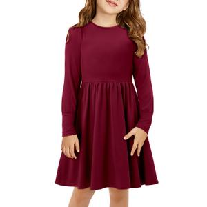 Yoklass Girl's Dress with Pockets Kids Flowy Stretchy Burgundy Long Sleeve Dresses 8-9 Years (L)