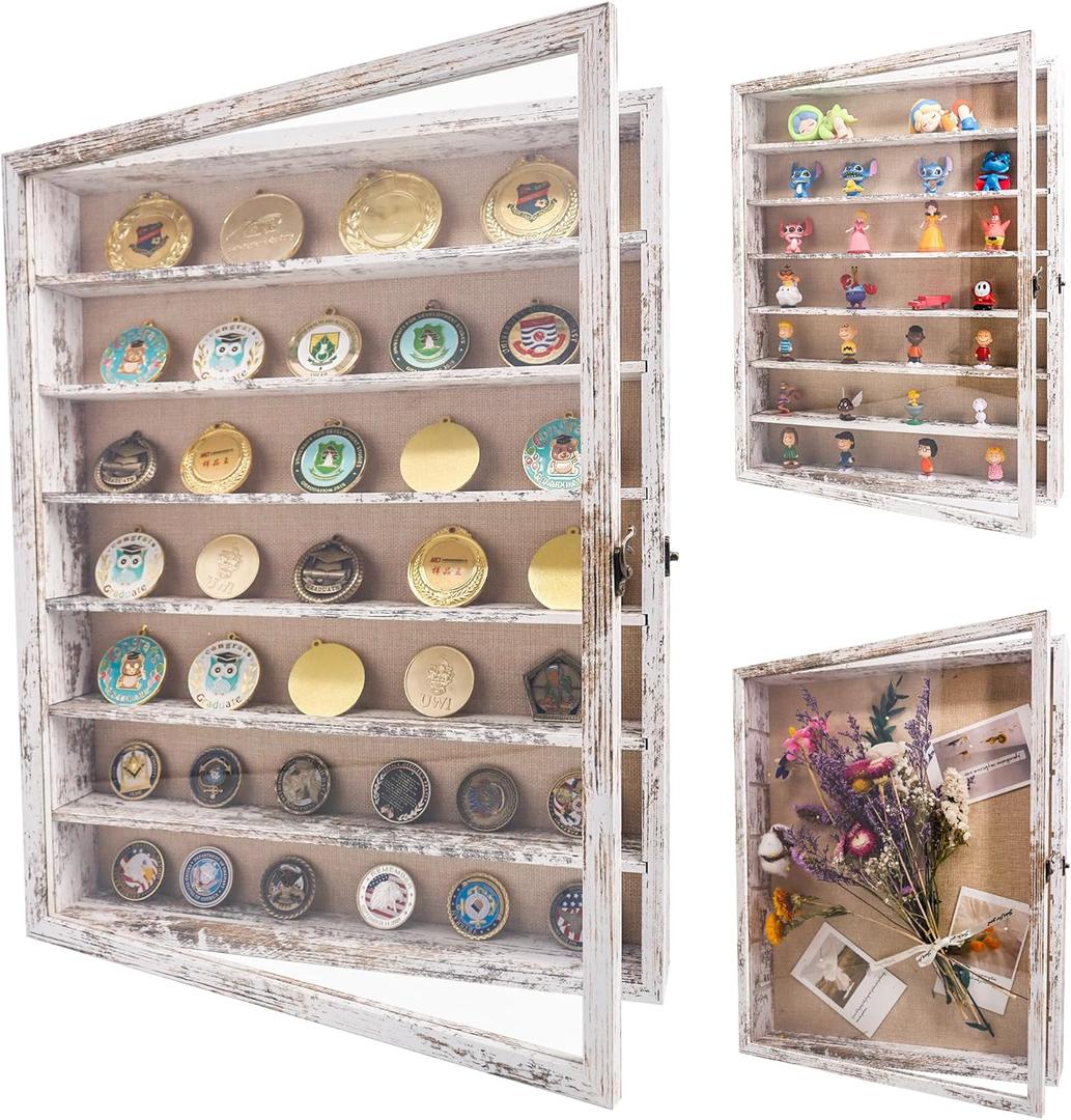 16x20 Wooden Shadow Box Frame with Removable Shelves Deep Display Case for Military Medals Keepsakes White