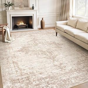 8x10 Area Rugs Washable Rug: Large Vintage Living Room Rug with Non-Slip Backing Low Pile Soft Indoor Floor Thin Carpet Neutral Carpets for Bedroom Dining Room Farmhouse Nursery Brown/Cream