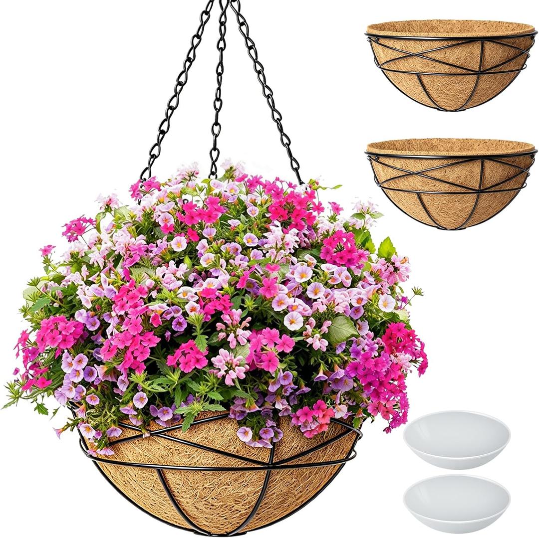 2 Pack 12 Inch Hanging Baskets for Plants Outdoor, Metal Watering Flower Planters with Coco Liner for Outside Planting, Plant Holder Pot for Home Garden Porch Balcony Railings Decor