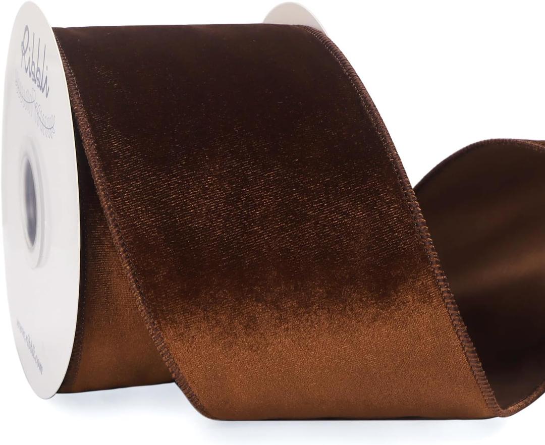 Ribbli Brown Velvet Wired Ribbon 4 Inch Velvet with Satin Christmas Ribbon for Gift Wrapping Christmas Tree Decoration Crafts Wreaths Supplies-Continuous 10 Yards
