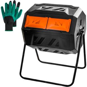 Hourleey Compost Bin Outdoor, 43 Gallon Dual Chamber Tumbling Composting Bin with Sliding Doors, Tumbler Rotating Batch Composter Bin for Garden Kitchen Yard (Orange)