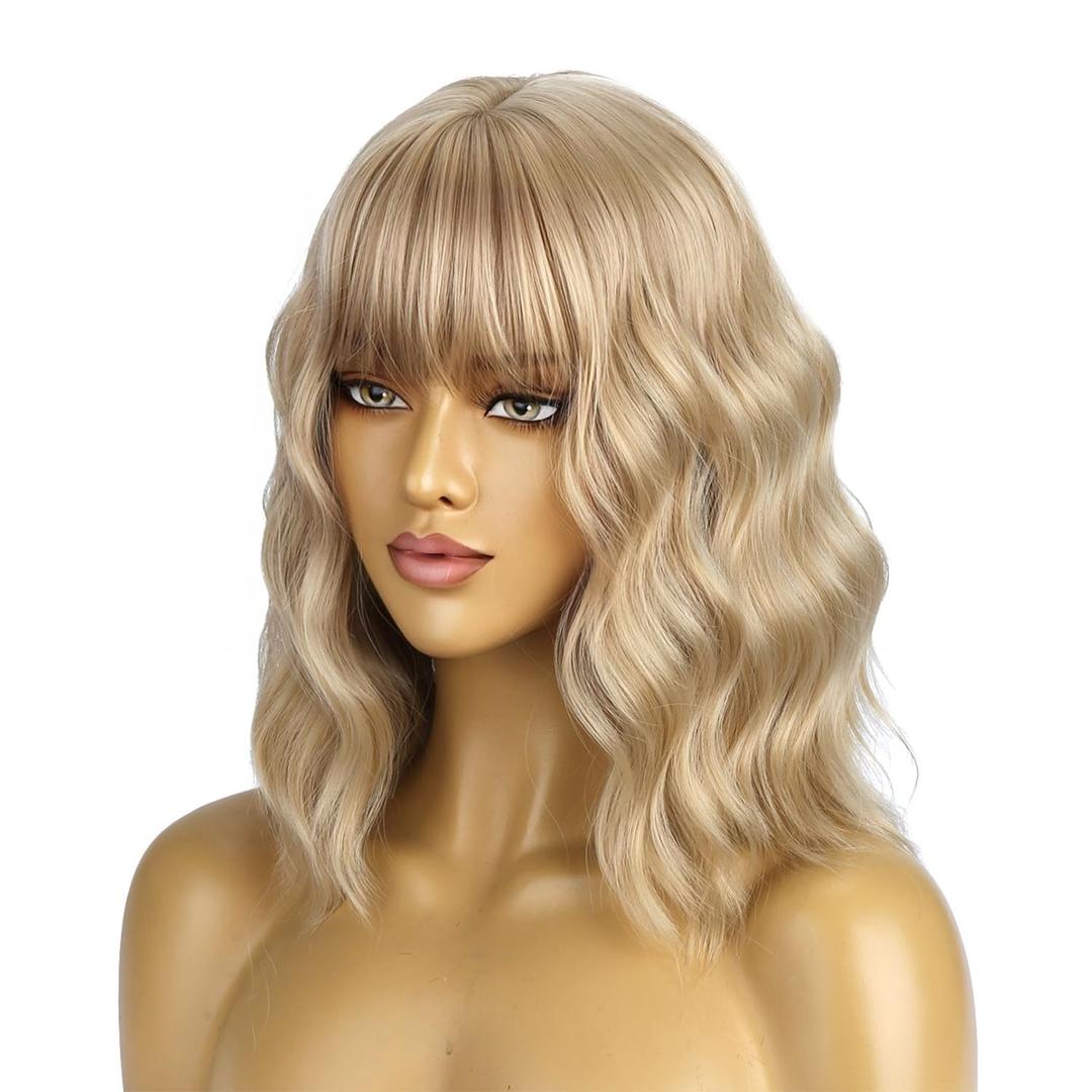 BERON 14 Inches Blonde Wig Short Curly Wigs for Women Ash Blonde Synthetic Wigs with Bangs Wig Cap Include