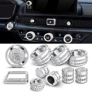 For Honda Civic 2022-2026 Accessories, CRV 2023-2026 & Acura Ingetra 2023-2025 (Fit 9" Screen/ 1 Audio Knob), 11pcs Knob Cover Kit - Hazard Light, Push Start, Audio, AC & Air Vent (Bling)