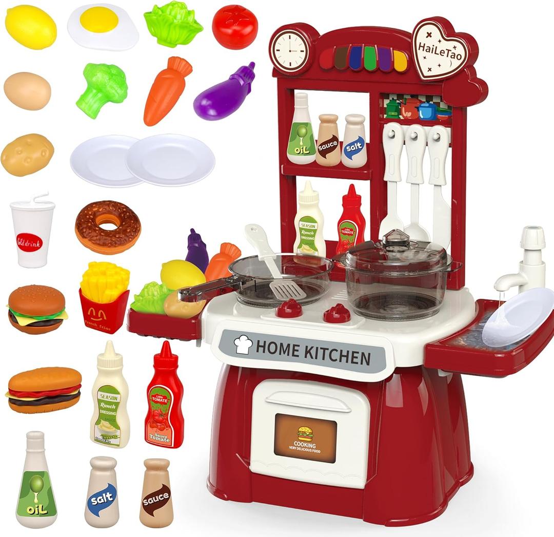 Kitchen Set for Toddler with Sound and LightPretend Cooking Food Set,Kids Kitchen PlaysetPlay Sink with Running Water and Electronic Induction StoveKitchen Accessories (red Kitchen Set)