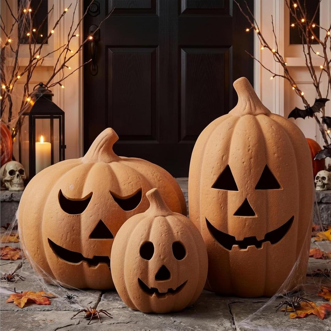 Vercraft Set of 3 Halloween Terracotta Pumpkin Decor - 13 in, 9 in, 7 in