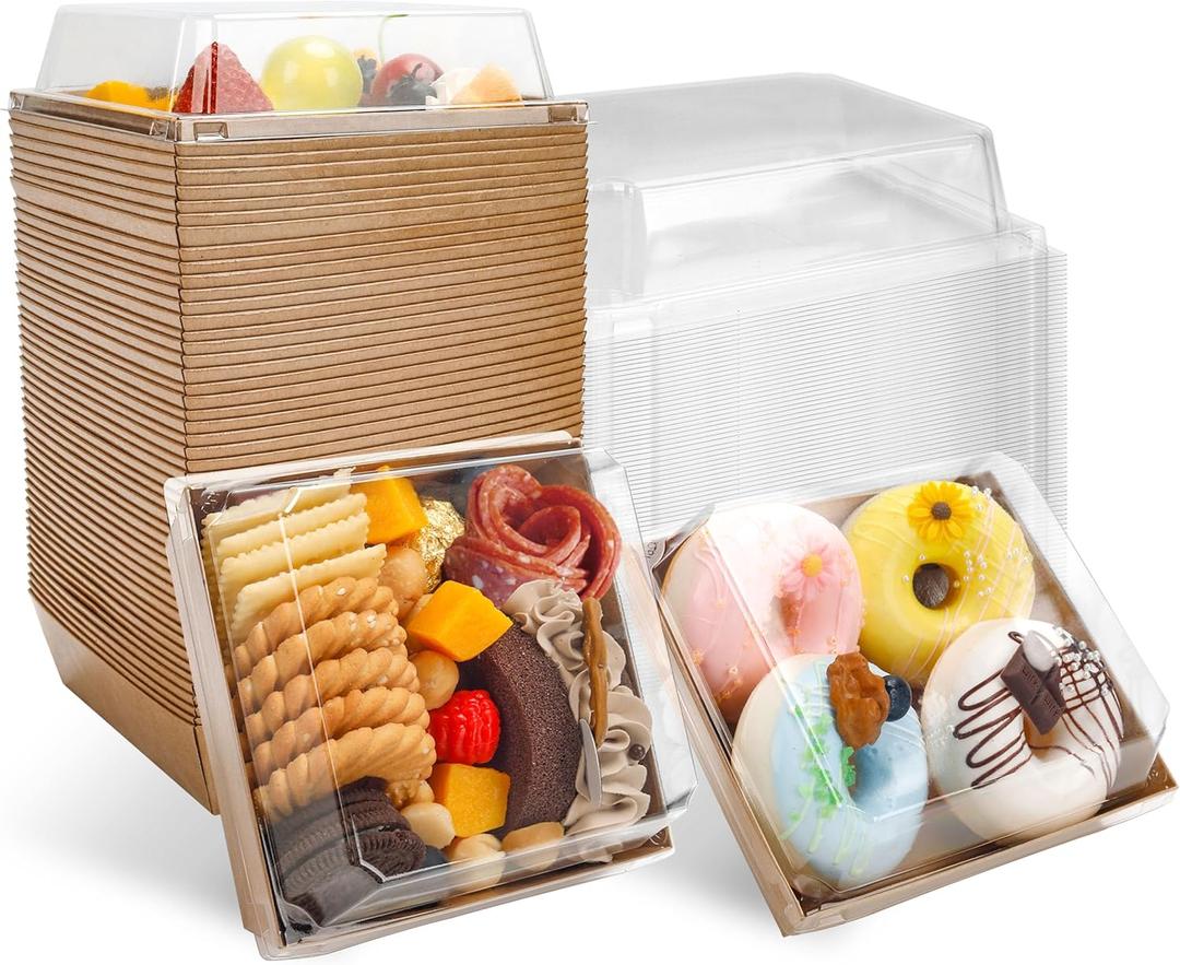 Small Charcuterie Boxes with Clear Lids Square Dessert Boxes To Go Disposable Food Containers for Cookie Sandwich Cake Slice 5.3x4.9x2.5INCHBrown, 60 Pack
