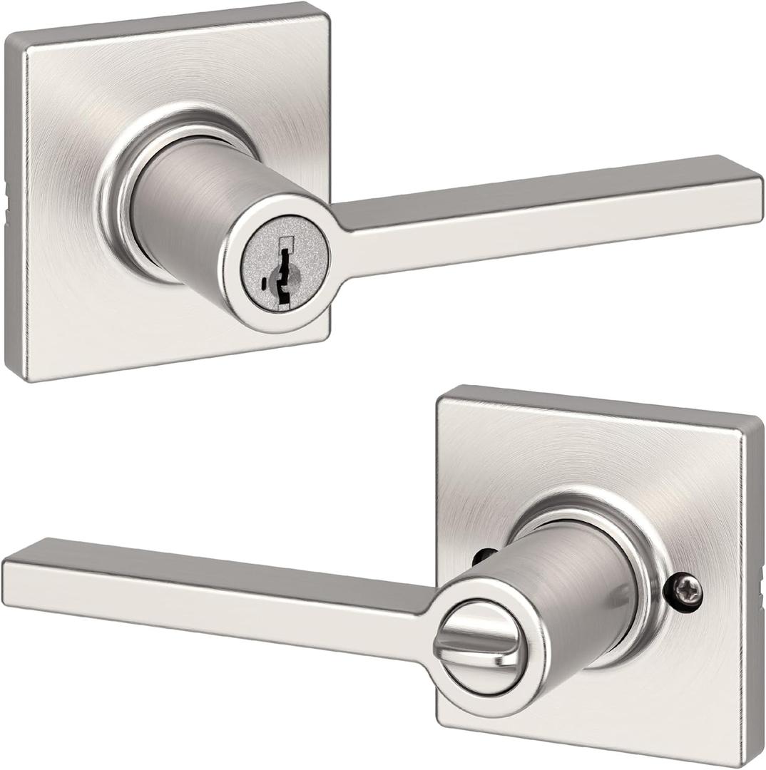 Kwikset Casey Entry Door Handle with Lock and Key, Secure Keyed Reversible Lever Exterior, For Front Entrance and Bedrooms, Satin Nickel , Pick Resistant Smartkey Rekey Security and Microban (1 Pack)