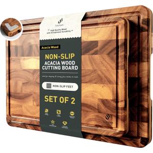 End Grain Cutting Board Set of 2 with Non-slip Feet, Reversible Acacia Wood Cutting Boards for Kitchen with Juice Grooves and Handles Non Toxic Chopping Board Butcher Block Serving Tray Kitchen Gift