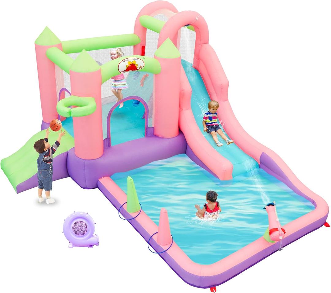 WELLFUNTIME Inflatable Water Slide and Water Park with Blower, 9 in 1 Bounce House Bouncy Castle for Kids Aged 3-6, Splashing Pool, Basketball Hoop, Water Cannon for Backyard, 121 x 104 x 65 inches
