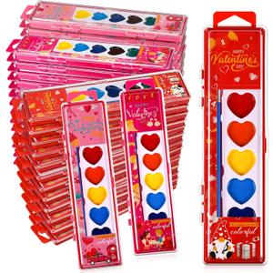 24 Packs Valentines Heart Watercolor Paint Set 8 Washable Colors with Brushes Water Color Painting Kit Party Favor Valentines Gifts Painting Kit for Adult