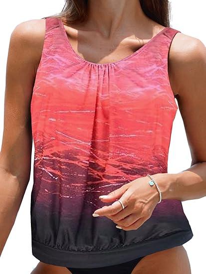 BIKINX Tankini Top Swimsuit Tops for Women Modest Tummy Control Swim Tops Plus Size Bathing Suit Top M