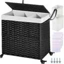 Greenstell Laundry Hamper with Wheels&Lid, 130L Large 3 Sections Clothes Hamper with 2 Types Removable Liner Bags, 5 Mesh Laundry Bags, Handwoven Divided Laundry Basket Black