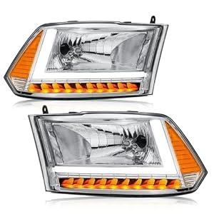 Fullux LED DRL Headlights for 2009-2018 Dodge Ram 1500 2010-2018 Dodge Ram 2500 3500 4500 5500 w/ Running Light Bar (Only Fit Factory Quad Halogen Headlamp) Amber Reflector Chrome Housing