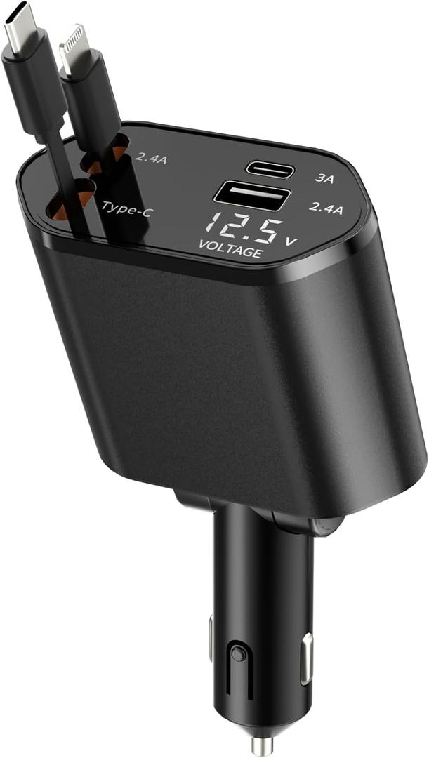 Retractable Car Charger, 4 in 1 Fast Charging with USB-C & USB-A, Compatible with iPhone 17/16/15/14/13/12/11,Galaxy,Pixel,Samsung, Anniversary Birthday Gifts for Men Women,Black