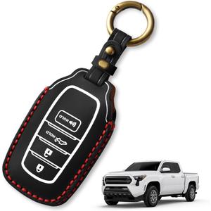 Muslogy Key Fob Cover Leather Case Compatible with Toyota Tacoma 2024 2025 2026 Accessories Smart Key Shell Case 4-Button Remote Keyless Key Fob Case Replacement Protection Custom Made (Black)
