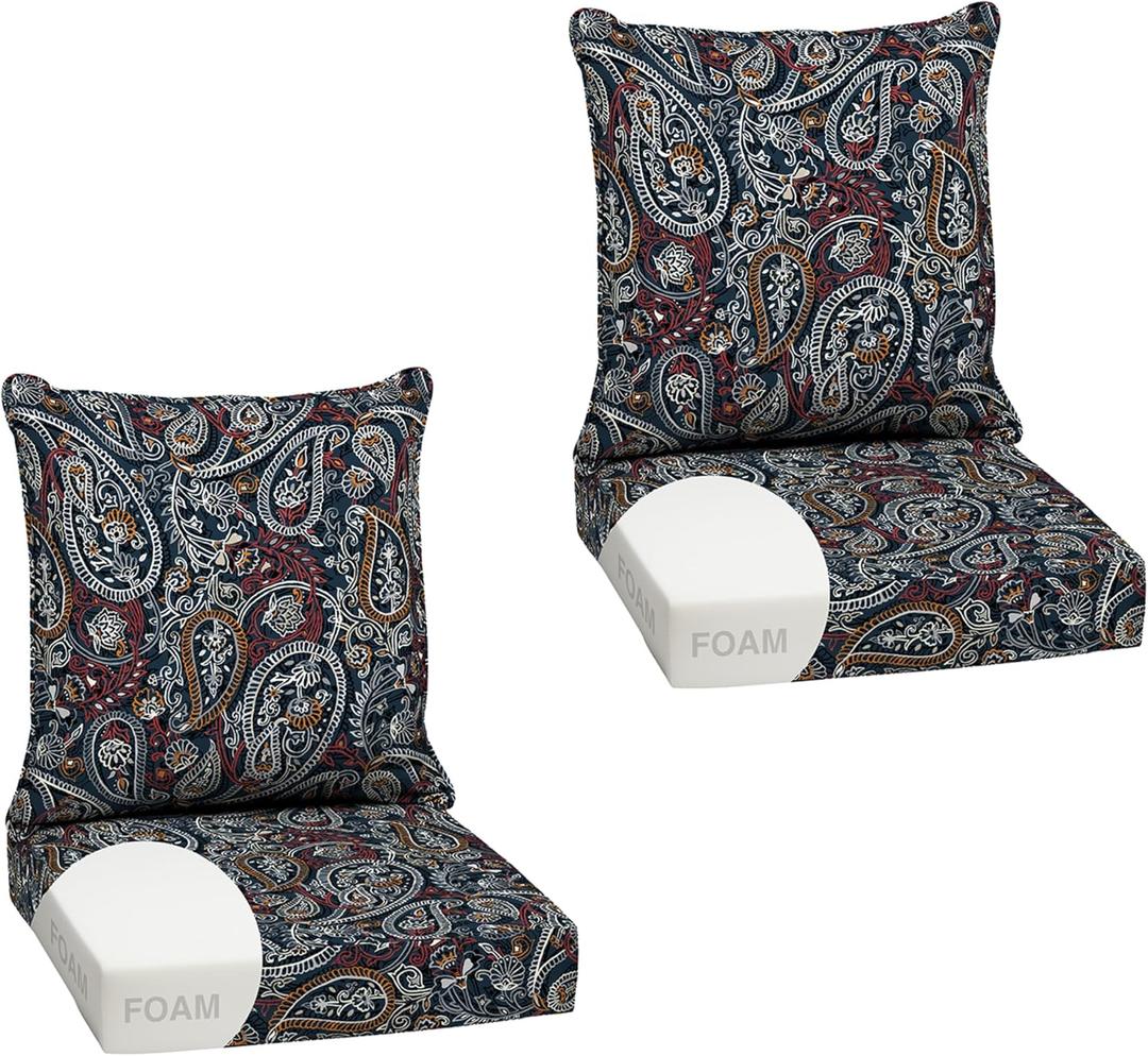 Arden Outdoor Foam Deep Seat Cushion Set (2-Pack), 24x24, Premium High-Density Foam, Never Flattens, Weather-Proof for Patio Chair Sofa Couch, Navy Palmira Paisley