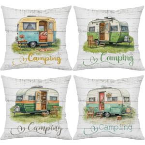 Camping Pillow Covers 18x18 Inch,Set of 4 Rustic Vintage Camper Throw Pillowcases, Linen Cushion Covers with Retro Travel Trailer Design for Sofa CouchOutdoor Dcor