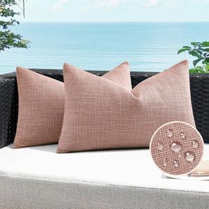 Artscope Outdoor Waterproof Throw Pillow Covers 12x20 Inch Decorative Linen Outdoor Pillows Cushion Case for Patio Couch Sofa - Pink