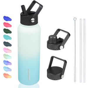 BJPKPK Insulated Water Bottles with Straw Lid, 40oz Stainless Steel Water Bottles with 3 Lids, BPA Free Leakproof Thermos, Tumblers, Cups for Sports, Gym- Mint