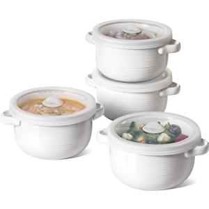 LE TAUCI French Onion Soup Bowls, 28 oz Ceramic Soup Crocks with Handles & Silicone Lids, Oven & Microwave Safe Containers for Meal Prep & Leftovers, Lead & Cadmium Free, Set of 4, White