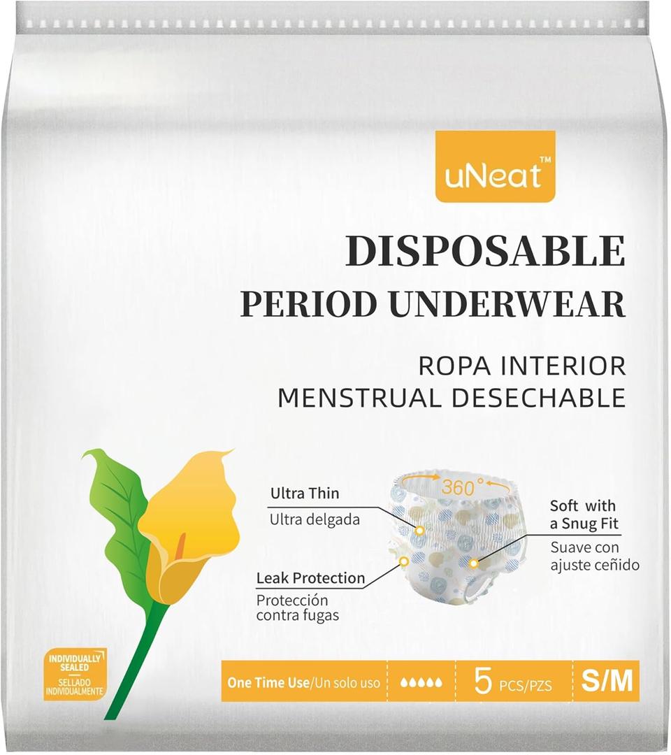 uNeat Disposable Period Underwear for Women, Teens and Girls, Unscented, Ultra-Thin and Leakproof Overnight Period Panties for Adult and Tweens (Size S/M, 5 Ct)