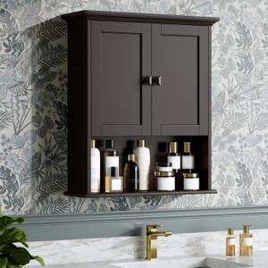 Bathroom Wall Cabinet, Over The Toilet Storage Cabinet Wall Mounted Medicine Cabinet with Build-in Spirit Level Cupboard Adjustable Shelves for Bathroom Laundry Room Kitchen, Espresso