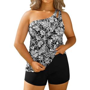 Daci Women Plus Size Tankini Swimsuit Two Piece Tummy Control Bathing Suits One Shoulder Swimwear with Shorts, size L