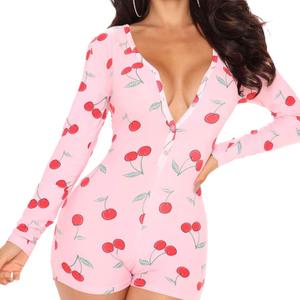Womens Sexy Onesie Pajama with Butt Flap Long Sleeve V Neck Bodycon One Piece Romper Sleepwear (Pink Cherry, L)