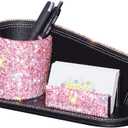 KEYPOWER Pen Pencil Holder Business Name Cards Decorative Bling Crystal Rhinestone PU Leather Gift for Women Girls (Pink)